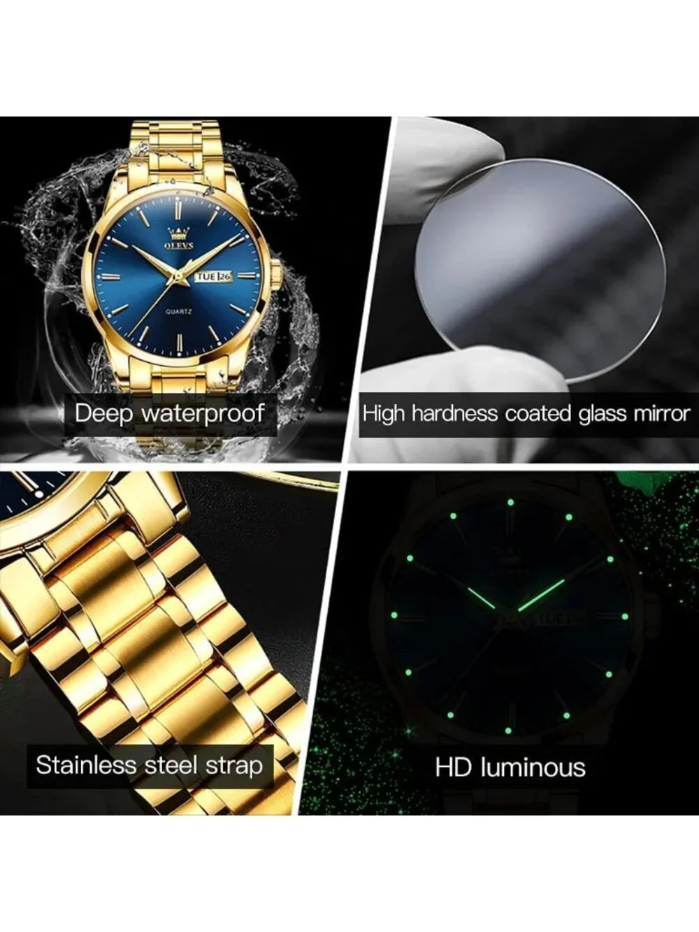 Men's Gold Blue Face Stainless Steel Luminous Quartz Waterproof Classic Watch